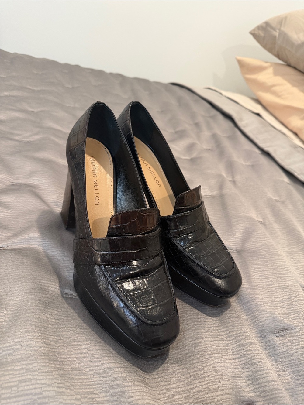 Tamara Mellon Black Croc-Embossed Leather Block Heel Loafers